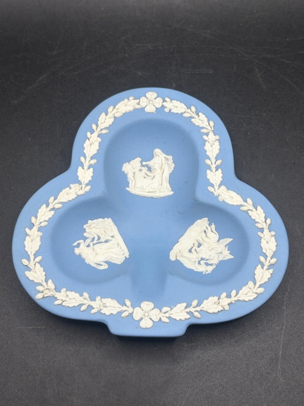 1956 Wedgwood England Vintage Mid Century Blue Jasperware Clover Trinket Dish